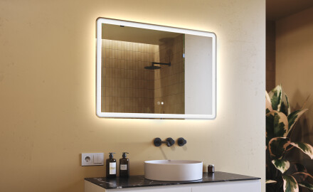 Abgerundeter Badspiegel mit LED Beleuchtung 100x70cm mit Dual color, Touch Schalter, Heizmatte, Bluetooth-Lautsprecher - L141
